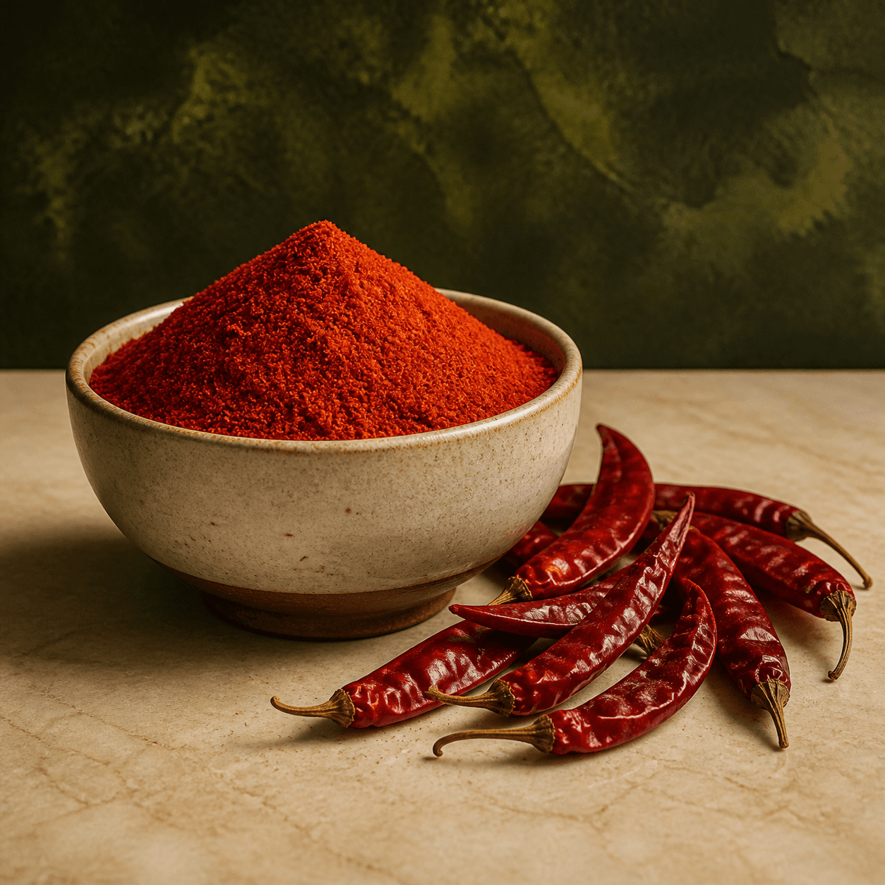 Fine red chilli powder in a ceramic bowl with dried chillies